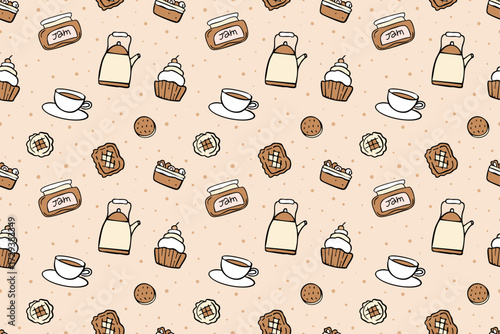 tea and bakery seamless pattern, ornate, background, wallpaper, wrapping paper, fabric, textile, packaging, cover, decoration, food vector illustration