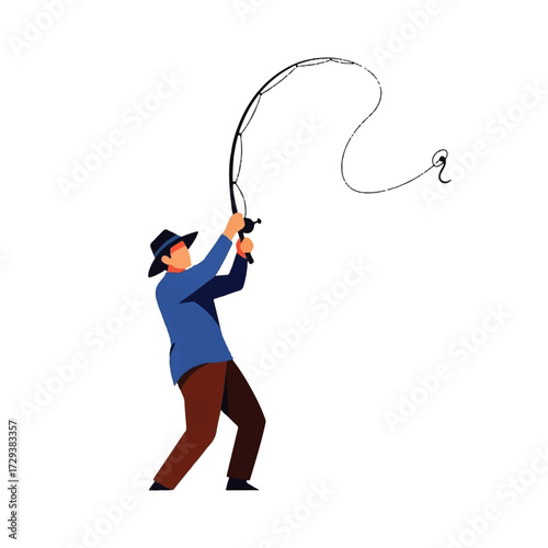 A solitary angler in a fedora hat makes a skillful cast with a fishing rod. Flat vector illustration of a recreational fishing hobby isolated on white