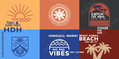Collection of vintage tropical beach and surf inspired graphic designs with retro mottos