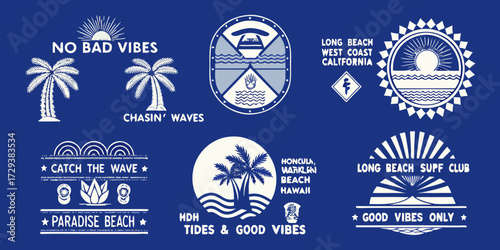 Collection of retro surf style graphics featuring palm trees waves sun and beach themed sayings