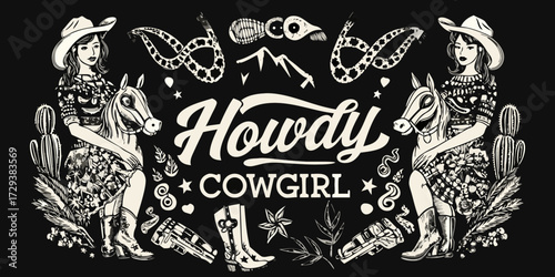 Howdy cowgirl western illustration with horses cacti snakes and boots