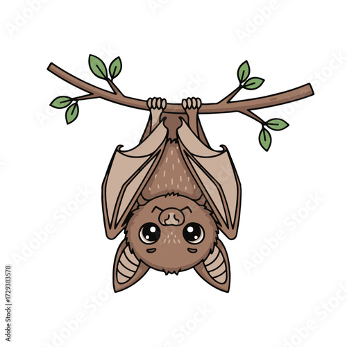 Cute cartoon bat hanging upside down from a tree branch, isolated on white background