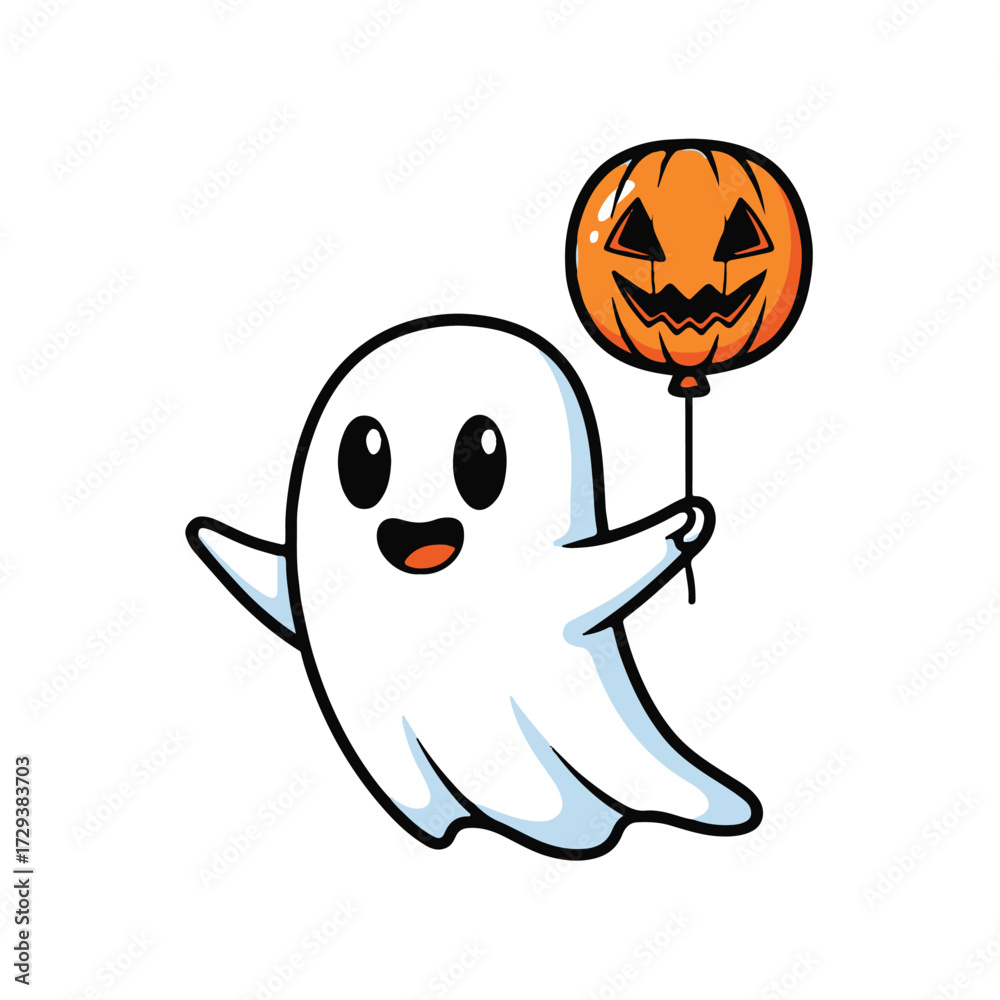 Obraz premium Happy ghost holding a jackolantern balloon isolated on white background
