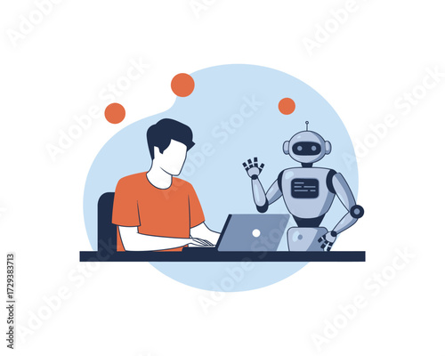 A flat vector illustration showing human and robot collaboration with a developer working on a laptop next to a friendly AI assistant