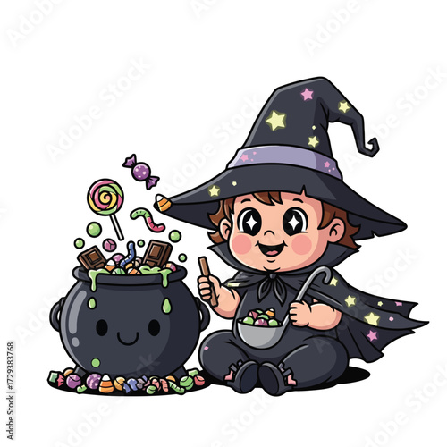 Cute baby witch with cauldron full of candy isolated on white background