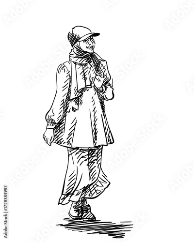 Vector sketch of walking smiling woman in modest Muslim fashion—long ruffled skirt, blouse, hijab, and cap—clean, stylish, and minimal design