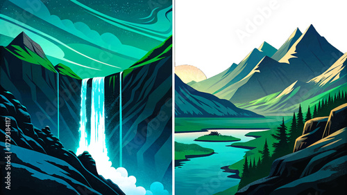 vector of Norwegian fjords, steep cliffs, waterfalls, northern lights, dramatic natural scenery, and famous European travel destination illustration