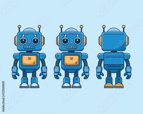 An illustration featuring a set of three cute blue retro-style robot character views, perfect for technology, AI, or sci-fi related designs and projects with friendly appeal
