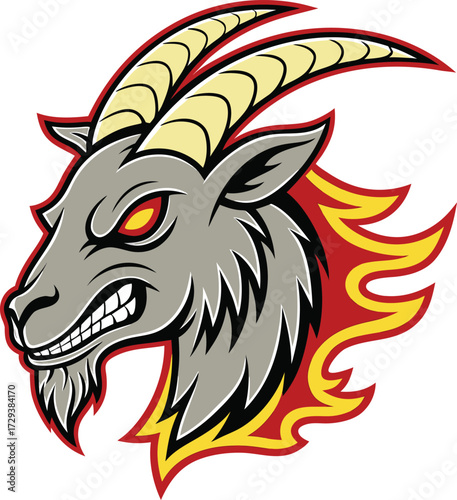Vector art of aggressive goat head mascot with fiery mane