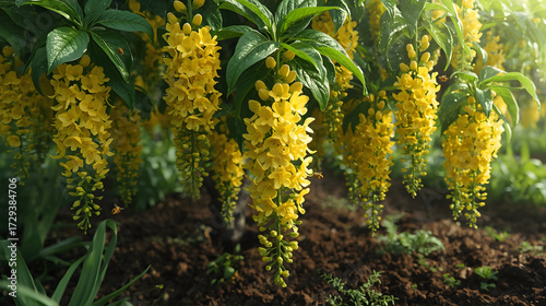 Golden Hanging Blooms in Lush Garden Bed