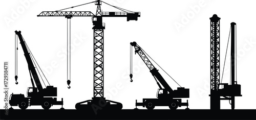 Industrial construction site machinery, cranes, and pile driver vector silhouettes, heavy equipment for building and lifting