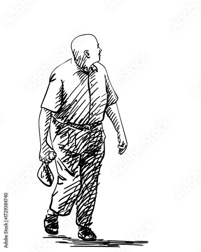 Vector drawing of a full-bodied adult walking bald man, with hatched shadows