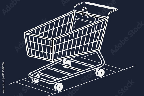  metal wire shopping cart, modern minimalist design, dark background, 3d render