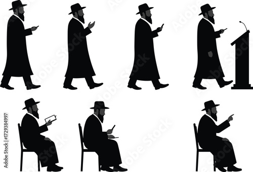 Jewish Rabbi silhouette set walking, sitting, and speaking on a podium while using modern technology to communicate with people