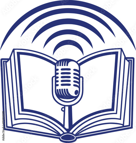 Vector art of open book with microphone and radio waves, representing audiobooks and podcasts