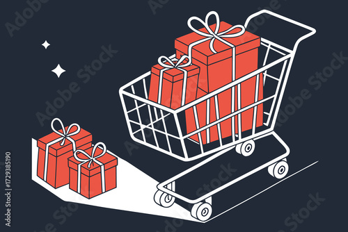 red christmas gift boxes in shopping cart,dark background,minimalist,high contrast