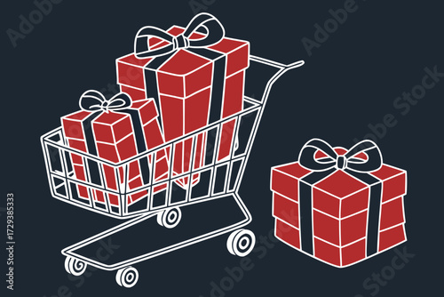  red christmas gift boxes in shopping cart,dark background,minimalist,high contrast