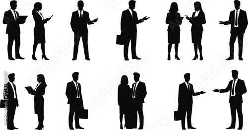 Professional Businesspeople Standing Silhouettes: A Vector Collection for Corporate Concepts, Marketing, and Office-related Designs