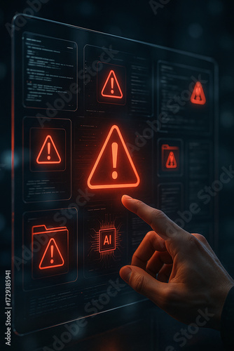 Cybersecurity alert interface with glowing red warning triangle pressed by hand, threat detection dashboard on dark background, data breach risk, firewall, system notification, UI, network security