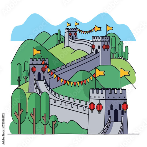 Chinese cultural symbols vector set. Tiananmen Gate in Beijing and red paper lanterns for travel and holiday.