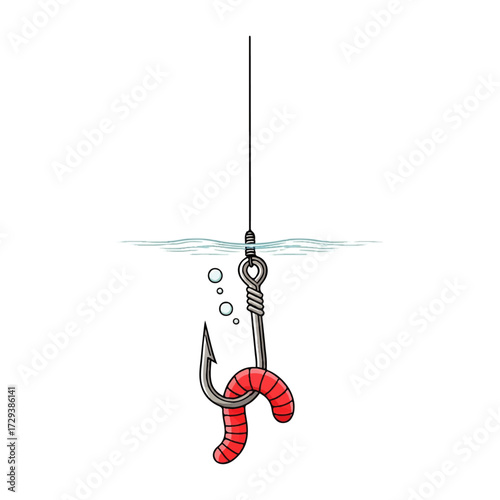 Bait on a Fishing Hook Underwater A Cartoon Illustration