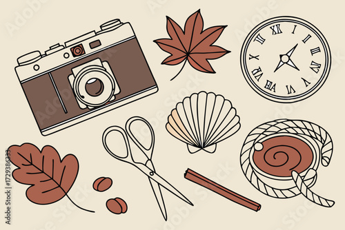  old-fashioned film camera, vintage clock, pine cone, seashell, autumn leaves, scissors, yarn, cinnamon sticks, hot drink, dried fruits, nature, still life, flat lay, minimal, cozy, fall, autumn, te