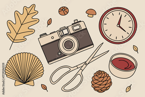  old-fashioned film camera, vintage clock, pine cone, seashell, autumn leaves, scissors, yarn, cinnamon sticks, hot drink, dried fruits, nature, still life, flat lay, minimal, cozy, fall, autumn, te