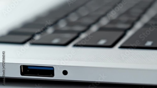 Wallpaper Mural Close-up of a sleek laptop showcasing USB ports and keyboard, with a blurred background indicating a workspace Torontodigital.ca