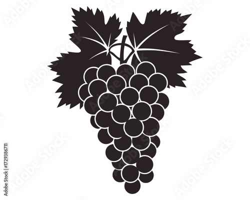 A stark black and white illustration depicting a bunch of grapes with leaves, a classic symbol for vineyards and winemaking
