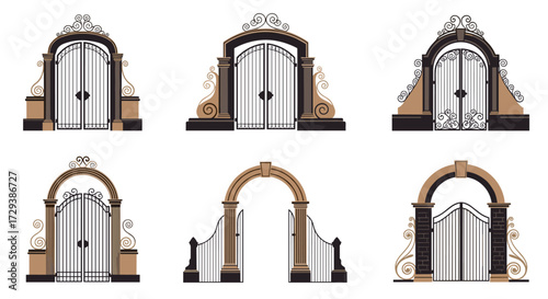 A collection of ornate wrought iron gates and arched entrances with decorative elements.