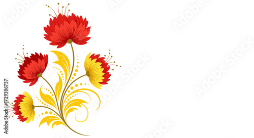 An artistic illustration of red and yellow flowers with swirling gold leaves.