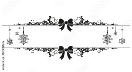 Elegant Christmas ornament frame with snowflakes and bows.