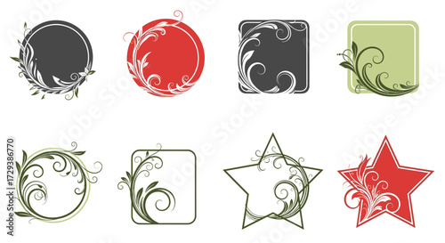 Decorative floral frames and borders with elegant swirling vine designs.