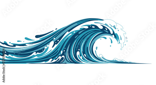 A powerful crashing ocean wave with white foam and a gradient of blue hues displays a dynamic natural phenomenon.
