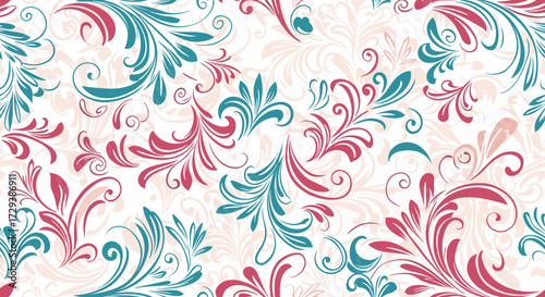 Elegant vintage floral damask pattern with intricate swirls and organic shapes in a soft color palette.