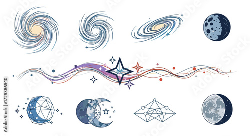 A collection of celestial and cosmic illustrations featuring galaxies stars moons and astrological symbols.