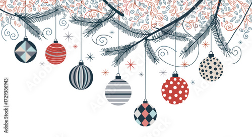 Festive Christmas tree ornaments dangle from evergreen branches in a whimsical winter holiday celebration.