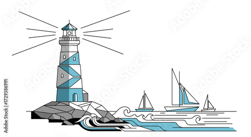 A tall striped lighthouse stands on a rocky shore guiding ships at sea.