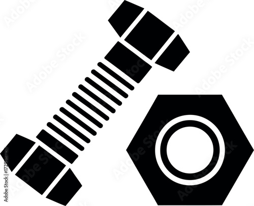 Simple black silhouette of a hexagonal nut and bolt on a white background, representing construction and repair.