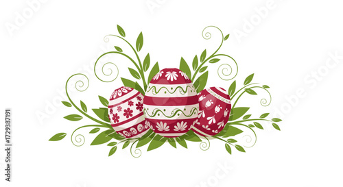 Three ornate easter eggs adorned with floral patterns and green foliage vines.