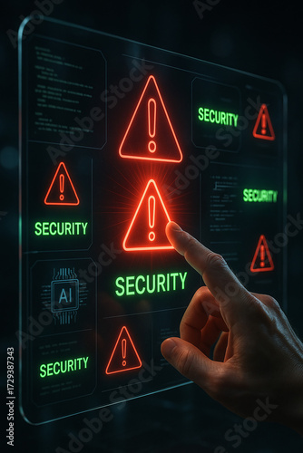 Cybersecurity alert interface with glowing red warning triangle pressed by hand, threat detection dashboard on dark background, data breach risk, firewall, system notification, UI, network security