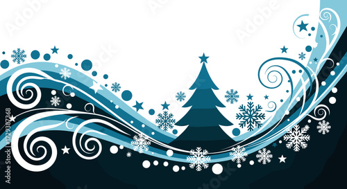 Festive blue and white abstract winter holiday design with a Christmas tree and snowflakes.