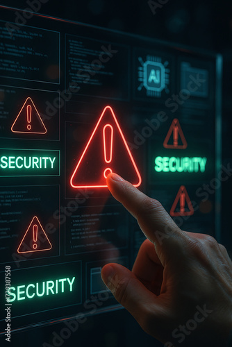 Cybersecurity alert interface with glowing red warning triangle pressed by hand, threat detection dashboard on dark background, data breach risk, firewall, system notification, UI, network security