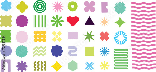 large colorful abstract geometric shapes vector collection with playful modern symbols, retro icons, decorative patterns and bright elements