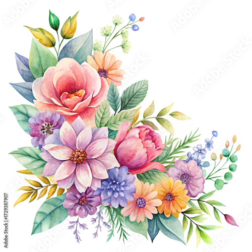 Watercolor floral corner arrangement with roses, daisies, and greenery