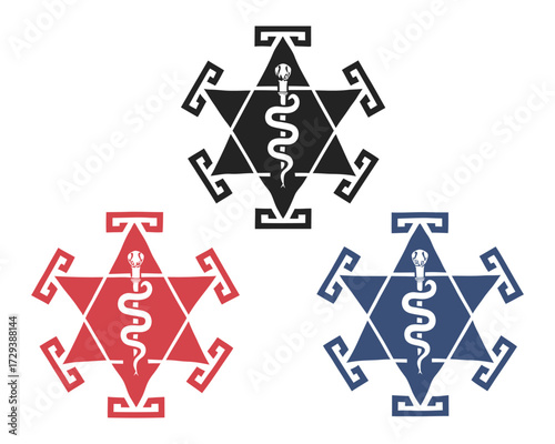 Hexagon Star Medical Symbol  Healthcare Emblem with Serpent, Rod of Asclepius Icons