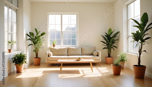 Bright and airy living room with indoor plants