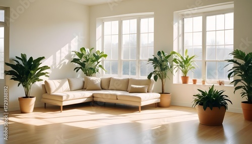 Bright living room with a beige sectional sofa and lush green plants.