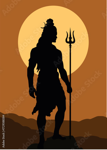 Lord Shiva Silhouette with Trident at Sunset