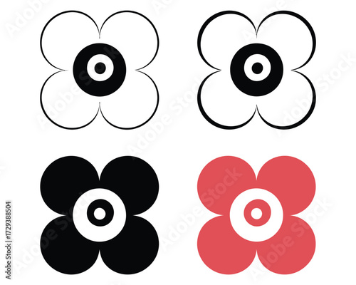 A graphic set of four stylized quatrefoil flower icons with circular centers, presented in outline and solid black and red colors